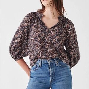 Faherty Women's XS‎ Floral Print V Neck 3/4 Sleeve Blouse Top Viscose
